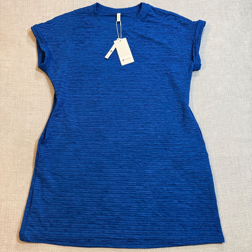Evaless Blue Textured Knit Shift Dress XL‎ Short Sleeve Pockets Boho Minimalist